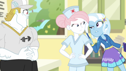Size: 1920x1080 | Tagged: safe, screencap, character:bulk biceps, character:nurse redheart, character:trixie, equestria girls:forgotten friendship, g4, my little pony:equestria girls, female, male, nurse outfit, trio
