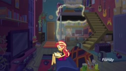Size: 1920x1080 | Tagged: safe, screencap, character:sunset shimmer, equestria girls:forgotten friendship, g4, my little pony:equestria girls, guitar, solo, string lights, sunset's apartment