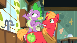 Size: 1920x1080 | Tagged: safe, screencap, character:big mcintosh, character:spike, species:dragon, species:earth pony, species:pony, episode:the break up break down, season 8, dragons riding ponies, duo, male, riding, stallion