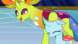 Size: 1920x1080 | Tagged: safe, screencap, character:ocellus, character:thorax, species:changeling, species:reformed changeling, episode:school daze, g4, my little pony: friendship is magic, season 8, changeling king, cute, diaocelles, duo, eyes closed, female, male, noogie, noovie, nymph, open mouth, papa thorax, petting, size difference, smiling