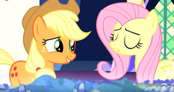 Size: 775x412 | Tagged: safe, screencap, character:applejack, character:fluttershy, species:earth pony, species:pegasus, species:pony, episode:sounds of silence, g4, my little pony: friendship is magic, season 8, duo, eyes closed, female, map, mare, twilight's castle, youtube link