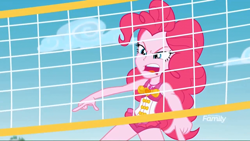 Size: 1280x720 | Tagged: safe, screencap, character:pinkie pie, equestria girls:forgotten friendship, g4, my little pony:equestria girls, beach, beach volleyball, clothing, faec, net, solo, sports, swimsuit, volleyball, volleyball net