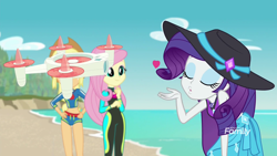 Size: 1920x1080 | Tagged: safe, screencap, character:applejack, character:fluttershy, character:rarity, equestria girls:forgotten friendship, g4, my little pony:equestria girls, adorasexy, blowing a kiss, clothing, cute, drone, hat, heart, selfie drone, sexy, swimsuit, wetsuit