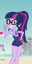 Size: 553x1079 | Tagged: safe, screencap, character:starlight, character:twilight sparkle, character:twilight sparkle (scitwi), species:eqg human, equestria girls:forgotten friendship, g4, my little pony:equestria girls, adorasexy, adorkable, beach, clothing, cropped, cute, dork, glasses, looking at you, peace sign, ponytail, sexy, smiling, starlight, swimsuit, twiabetes