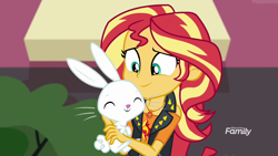 Size: 1920x1080 | Tagged: safe, screencap, character:angel bunny, character:sunset shimmer, equestria girls:forgotten friendship, g4, my little pony:equestria girls, angelbetes, cute, shimmerbetes