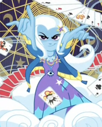 Size: 406x506 | Tagged: safe, screencap, character:trixie, equestria girls:forgotten friendship, g4, my little pony:equestria girls, clothing, cropped, cutie mark clothes, dress, jacket, jewelry, joker, magic, magic show, magic trick, magic wand, necklace, playing card, poster, solo