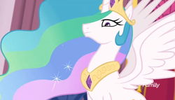 Size: 744x426 | Tagged: safe, screencap, character:princess celestia, species:alicorn, species:pony, equestria girls:forgotten friendship, g4, my little pony:equestria girls, canterlot castle, castle, celestia is not amused, chestplate, crown, discovery family, discovery family logo, ethereal mane, female, flowing hair, flowing mane, frown, glare, horn, jewelry, looking at someone, looking down, majestic, multicolored hair, narrowed eyes, peytral, regalia, serious, solo, sparkles, spread wings, stars, stern, throne room, unamused, watermark, wings