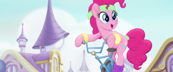 Size: 1920x804 | Tagged: safe, screencap, character:pinkie pie, species:earth pony, species:pony, my little pony: the movie (2017), armband, headband, solo, we got this together, workout, workout outfit