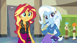 Size: 1280x720 | Tagged: safe, screencap, character:bright idea, character:scribble dee, character:sunset shimmer, character:trixie, equestria girls:forgotten friendship, g4, my little pony:equestria girls, bright idea, discovery family logo, lockers