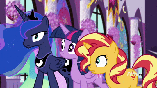 Size: 540x304 | Tagged: safe, screencap, character:princess luna, character:sunset shimmer, character:twilight sparkle, character:twilight sparkle (alicorn), species:alicorn, species:pony, species:unicorn, equestria girls:forgotten friendship, g4, my little pony:equestria girls, animated, ethereal mane, female, galaxy mane, lavender, mare, snickering, wing slap