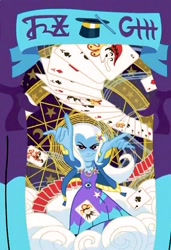 Size: 517x756 | Tagged: safe, screencap, character:trixie, equestria girls:forgotten friendship, g4, my little pony:equestria girls, clothing, cutie mark clothes, dress, jacket, jewelry, joker, magic, magic show, magic trick, magic wand, necklace, playing card, poster, solo