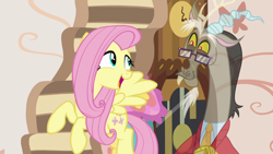 Size: 1280x720 | Tagged: safe, screencap, character:discord, character:fluttershy, species:pegasus, species:pony, episode:discordant harmony, g4, my little pony: friendship is magic, clothing, duo, fading, flying, glasses, sweater, transparent