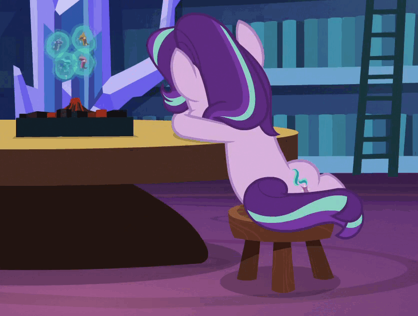 Size: 836x631 | Tagged: safe, screencap, character:starlight glimmer, species:pony, species:unicorn, episode:uncommon bond, g4, my little pony: friendship is magic, animated, board game, dragon pit, magic, sitting, solo, table