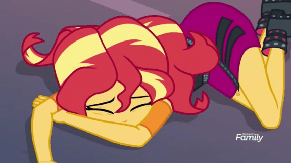 Size: 576x322 | Tagged: safe, screencap, character:sunset shimmer, equestria girls:forgotten friendship, g4, my little pony:equestria girls, all fours, animated, boots, clothing, discovery family logo, humans doing horse things, jacket, shoes, skirt