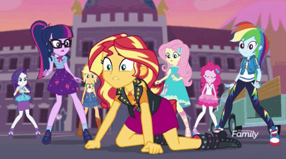 Size: 557x311 | Tagged: safe, screencap, character:applejack, character:fluttershy, character:pinkie pie, character:rainbow dash, character:rarity, character:sunset shimmer, character:twilight sparkle, character:twilight sparkle (scitwi), species:eqg human, equestria girls:forgotten friendship, g4, my little pony:equestria girls, all fours, animated, boots, clothing, converse, discovery family logo, dress, glasses, humans doing horse things, jacket, leather jacket, pantyhose, ponytail, school, shoes, skirt