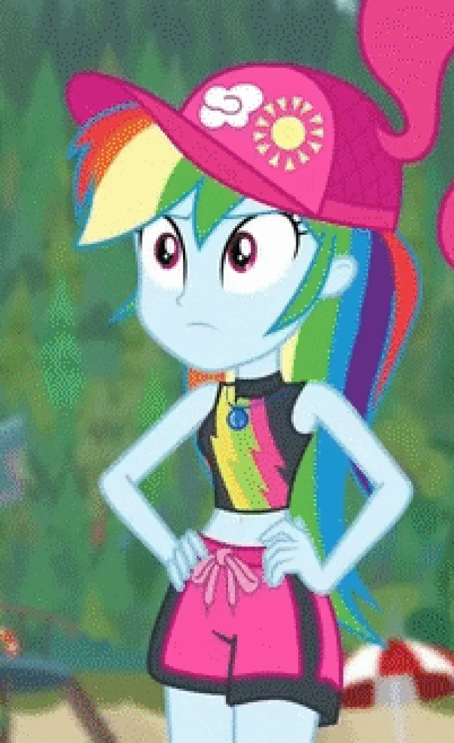 Size: 657x1075 | Tagged: safe, screencap, character:pinkie pie, character:rainbow dash, equestria girls:forgotten friendship, g4, my little pony:equestria girls, animated, beach, cap, clothing, crossed arms, gif, grumpy, hand on hip, hand on waist, hat, madorable, sassy, shorts, swimming trunks, swimsuit