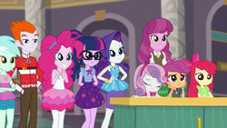 Size: 1280x720 | Tagged: safe, screencap, character:apple bloom, character:cheerilee, character:heath burns, character:lyra heartstrings, character:pinkie pie, character:rarity, character:scootaloo, character:sweetie belle, character:twilight sparkle, character:twilight sparkle (scitwi), species:eqg human, species:pegasus, species:pony, episode:school of rock, g4, my little pony:equestria girls, background human, clothing, cutie mark crusaders, female, geode of shielding, geode of sugar bombs, geode of telekinesis, heath burns, male, pantyhose