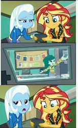 Size: 589x960 | Tagged: safe, screencap, character:sunset shimmer, character:trixie, character:wallflower blush, equestria girls:forgotten friendship, g4, my little pony:equestria girls, annoyed, female, geode of empathy, magical geodes, meme origin, phone, recording, sunset's recording
