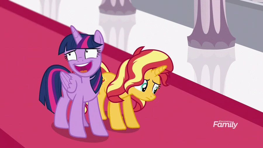 Size: 900x506 | Tagged: safe, screencap, character:sunset shimmer, character:twilight sparkle, character:twilight sparkle (alicorn), species:alicorn, species:pony, species:unicorn, equestria girls:forgotten friendship, g4, my little pony:equestria girls, animated, awkward, duo, faec, female, grin, hall, laughing, mare, nervous, nervous grin, nervous laugh, raised hoof, sad, smiling, throne room