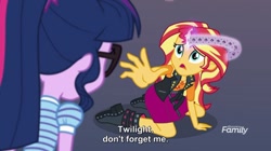 Size: 686x385 | Tagged: safe, screencap, character:sunset shimmer, character:twilight sparkle, character:twilight sparkle (scitwi), species:eqg human, equestria girls:forgotten friendship, g4, my little pony:equestria girls, discovery family logo, feels, memory loss, memory ribbon, subtitles, tear jerker