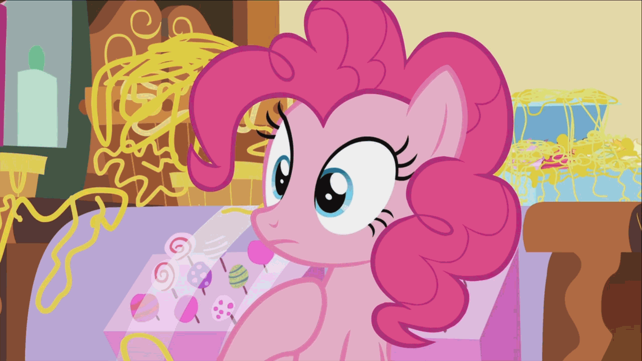 Size: 1280x720 | Tagged: safe, screencap, character:pinkie pie, episode:it isn't the mane thing about you, g4, my little pony: friendship is magic, :t, animated, reaction, reaction gif, reaction image, shrug, solo