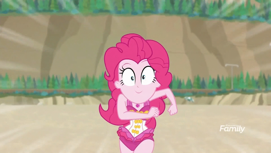 Size: 933x525 | Tagged: safe, screencap, character:pinkie pie, equestria girls:forgotten friendship, g4, my little pony:equestria girls, adorasexy, animated, baywatch, clothing, cute, diapinkes, gif, running, solo, swimsuit