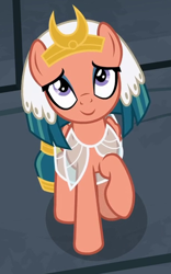 Size: 308x494 | Tagged: safe, screencap, character:somnambula, species:pegasus, species:pony, episode:daring done, g4, cropped, cute, female, headdress, looking at you, looking up, mare, one hoof raised, raised hoof, smiling, solo, somnambetes