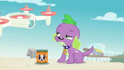 Size: 1920x1080 | Tagged: safe, screencap, character:spike, character:spike (dog), species:dog, equestria girls:forgotten friendship, g4, my little pony:equestria girls, dog food, rock horse, selfie drone, spike is not amused, spike's dog collar, unamused