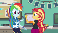 Size: 1920x1080 | Tagged: safe, screencap, character:rainbow dash, character:sunset shimmer, equestria girls:forgotten friendship, g4, my little pony:equestria girls, ass, bunset shimmer, canterlot high, classroom, clothing, computer, computer mouse, discovery family logo, duo, duo female, female, geode of super speed, jacket, magical geodes, monitor