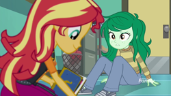 Size: 1920x1080 | Tagged: safe, screencap, character:sunset shimmer, character:wallflower blush, equestria girls:forgotten friendship, g4, my little pony:equestria girls, ass, book, clothing, jeans, pants