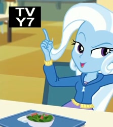 Size: 532x597 | Tagged: safe, screencap, character:trixie, equestria girls:forgotten friendship, g4, my little pony:equestria girls, cafeteria, clothing, dress, food, hoodie, pointing, salad, tv-y7