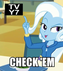 Size: 532x597 | Tagged: safe, screencap, character:trixie, equestria girls:forgotten friendship, g4, my little pony:equestria girls, cafeteria, check em, clothing, dress, food, hoodie, image macro, meme, pointing, salad, trixie yells at everything, tv-y7