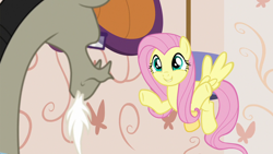 Size: 1280x720 | Tagged: safe, screencap, character:discord, character:fluttershy, species:draconequus, species:pegasus, species:pony, episode:discordant harmony, g4, my little pony: friendship is magic, cute, female, glasses, looking at each other, mare, shyabetes, smiling