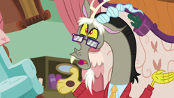 Size: 1280x720 | Tagged: safe, screencap, character:discord, episode:discordant harmony, g4, my little pony: friendship is magic, cactus, chair, clothing, glasses, solo, sweater