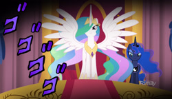 Size: 1880x1080 | Tagged: safe, screencap, character:princess celestia, character:princess luna, character:sunset shimmer, species:alicorn, species:pony, equestria girls:forgotten friendship, g4, my little pony:equestria girls, canterlot, discovery family logo, duo, female, jojo's bizarre adventure, mare, menacing, spread wings, the prodigal sunset, wings, ゴ ゴ ゴ