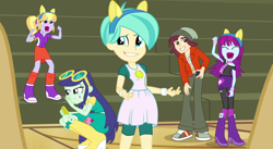 Size: 1484x813 | Tagged: safe, screencap, character:blueberry cake, character:cloudy kicks, character:mystery mint, character:normal norman, equestria girls:friendship games, g4, my little pony:equestria girls, background human, bleachers, blueberry cake, boots, canterlot high, cellphone, clothing, cloudy kicks, cropped, end credits, naomi nobody, phone, right there in front of me, shoes, skirt, smartphone, tennis match, wondercolt ears