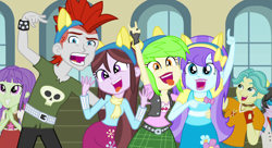 Size: 1488x811 | Tagged: safe, screencap, character:aqua blossom, character:cherry crash, character:ringo, character:starlight, character:velvet sky, equestria girls:friendship games, g4, my little pony:equestria girls, background human, brawly beats, cherry crash, crimson napalm, cropped, devil horn (gesture), end credits, faec, right there in front of me, ringo, starlight, velvet sky