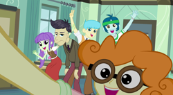 Size: 1482x813 | Tagged: safe, screencap, character:bright idea, character:captain planet, character:cranky doodle donkey, character:scribble dee, character:starlight, equestria girls:friendship games, g4, my little pony:equestria girls, background human, bright idea, cropped, end credits, female, group photo, male, right there in front of me, selfie, smiling, starlight, unamused