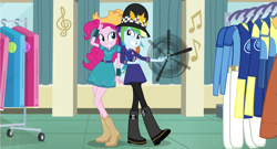 Size: 1493x808 | Tagged: safe, screencap, character:pinkie pie, character:rainbow dash, equestria girls:friendship games, g4, my little pony:equestria girls, baton, clothing, cropped, right there in front of me