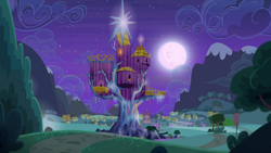 Size: 1920x1080 | Tagged: safe, screencap, episode:to where and back again, g4, my little pony: friendship is magic, bush, cloud, flag, hill, house, moon, mountain, night, no pony, ponyville, ponyville town hall, river, road, scenery, stars, tent, tree, trixie's wagon, twilight's castle, waterfall