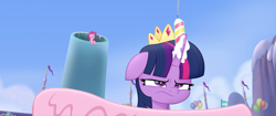 Size: 1920x804 | Tagged: safe, screencap, character:pinkie pie, character:twilight sparkle, character:twilight sparkle (alicorn), species:alicorn, species:earth pony, species:pony, my little pony: the movie (2017), angry, cake, candle, crown, food, frosting, giant cake, jewelry, party cannon, regalia, smoke, twilight is not amused, unamused
