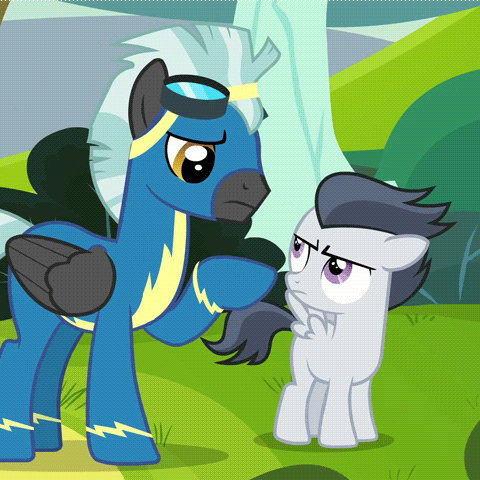 Size: 480x480 | Tagged: safe, screencap, character:rumble, character:thunderlane, species:pegasus, species:pony, episode:marks and recreation, g4, my little pony: friendship is magic, animated, brothers, clothing, colt, duo, gif, goggles, hug, male, stallion, uniform, wing hands, winghug, wonderbolts uniform
