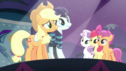 Size: 1280x720 | Tagged: safe, screencap, character:apple bloom, character:applejack, character:coloratura, character:scootaloo, character:sweetie belle, species:pegasus, species:pony, episode:the mane attraction, g4, my little pony: friendship is magic, cutie mark crusaders, equestrian flag, stage