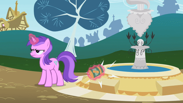 Size: 600x338 | Tagged: safe, screencap, character:amethyst star, character:rainbow dash, character:sparkler, episode:the mysterious mare do well, g4, my little pony: friendship is magic, angry, animated, dexterous hooves, food, fountain, gif, glare, jar, levitation, magic, peanut butter, telekinesis