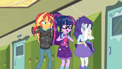 Size: 1920x1080 | Tagged: safe, screencap, character:rarity, character:sunset shimmer, character:twilight sparkle, character:twilight sparkle (scitwi), species:eqg human, episode:monday blues, eqg summertime shorts, g4, my little pony:equestria girls, backpack, boot, bracelet, canterlot high, clothing, crying, female, geode of shielding, geode of telekinesis, glasses, hoodie, jewelry, lidded eyes, lockers, magical geodes, makeup, ponytail, running makeup, school, shoes, skirt, tissue, wet clothes, wet hair