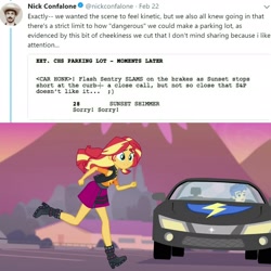Size: 2048x2048 | Tagged: safe, screencap, character:flash sentry, character:sunset shimmer, equestria girls:forgotten friendship, g4, my little pony:equestria girls, deleted scene, flash sentry's car, meta, nick confalone, script, text, twitter