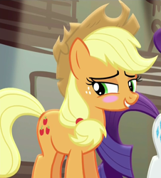 Size: 650x718 | Tagged: safe, screencap, character:applejack, character:rarity, species:pony, episode:made in manehattan, g4, my little pony: friendship is magic, appleblush, applejack's hat, blushing, clothing, cowboy hat, cropped, embarrassed, female, flattered, freckles, hat, lidded eyes, mare, solo focus