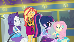Size: 1280x720 | Tagged: safe, screencap, character:fluttershy, character:rarity, character:sunset shimmer, character:twilight sparkle, character:twilight sparkle (scitwi), species:eqg human, episode:road trippin', g4, my little pony:equestria girls, tour bus