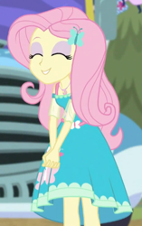 Size: 305x487 | Tagged: safe, screencap, character:fluttershy, episode:road trippin', g4, my little pony:equestria girls, cropped, cute, eyes closed, female, geode of fauna, magical geodes, shyabetes, solo