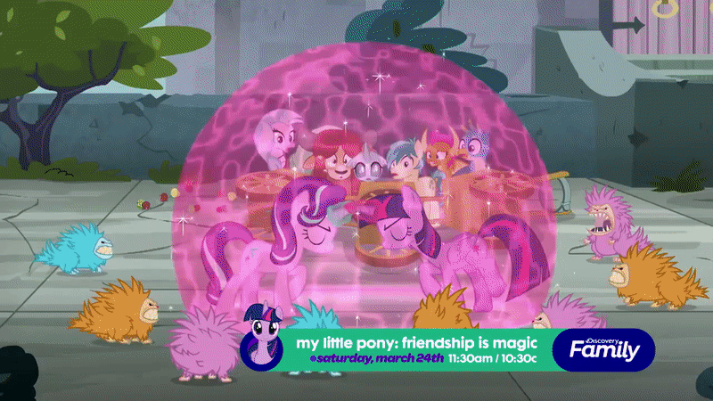 Size: 800x450 | Tagged: safe, screencap, character:applejack, character:fluttershy, character:gallus, character:ocellus, character:pinkie pie, character:rainbow dash, character:rarity, character:sandbar, character:silverstream, character:smolder, character:starlight glimmer, character:twilight sparkle, character:twilight sparkle (alicorn), character:yona, species:alicorn, species:classical hippogriff, species:griffon, species:hippogriff, species:pony, episode:school daze, g4, my little pony: friendship is magic, season 8, animated, castle of the royal pony sisters, mane six, monster, party cannon, pukwudgie, student six, youtube link